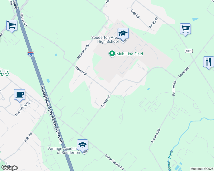 map of restaurants, bars, coffee shops, grocery stores, and more near 360 Moyer Road in Souderton
