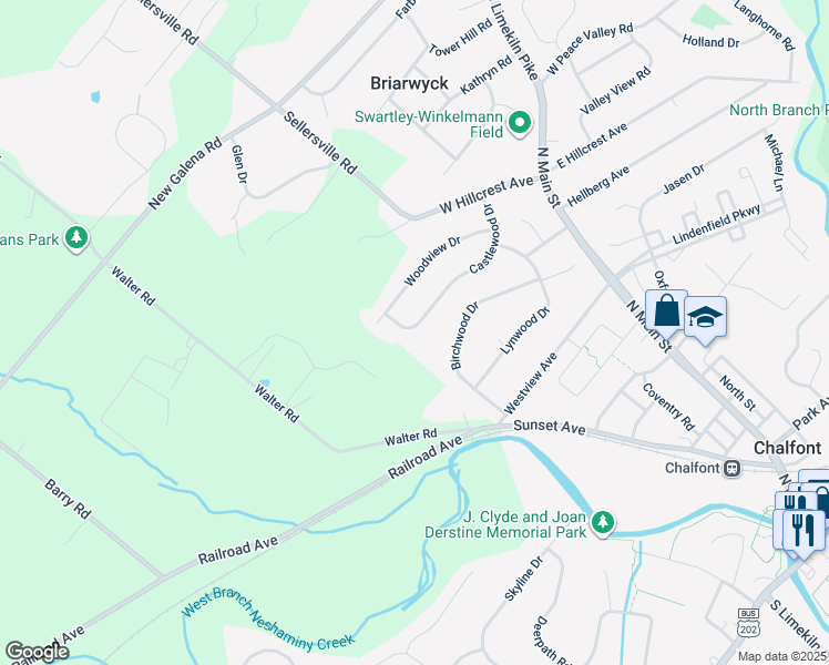 map of restaurants, bars, coffee shops, grocery stores, and more near 65 Castlewood Drive in Chalfont