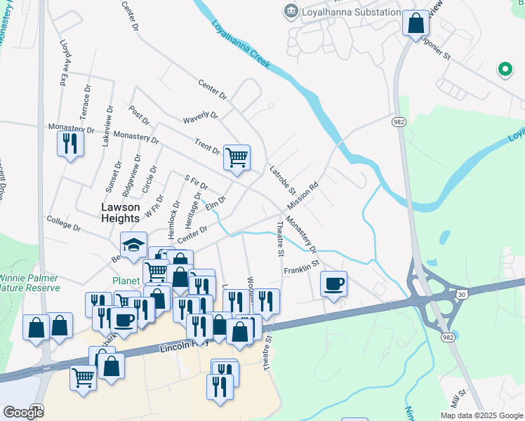 map of restaurants, bars, coffee shops, grocery stores, and more near 1129 Mission Road in Latrobe