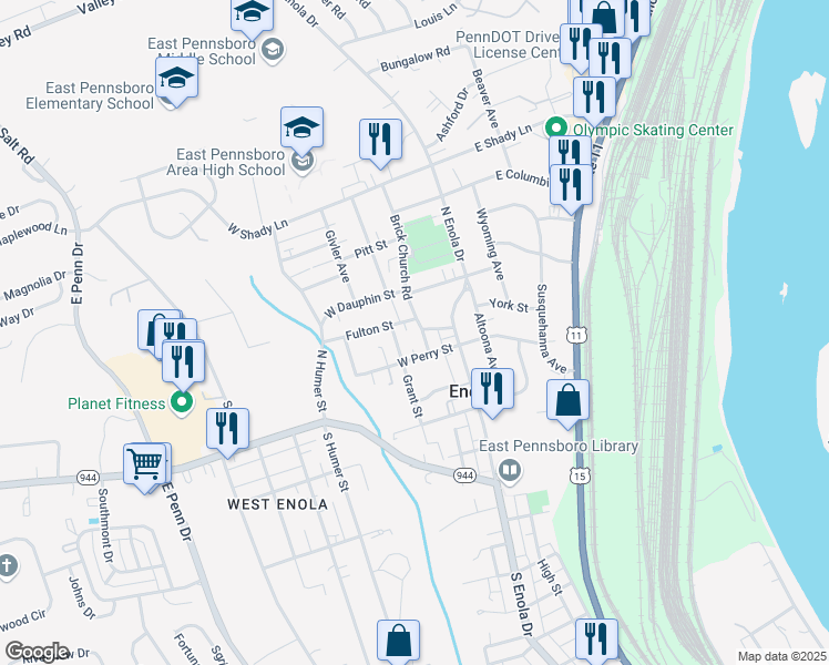 map of restaurants, bars, coffee shops, grocery stores, and more near 112 Brick Church Road in Enola