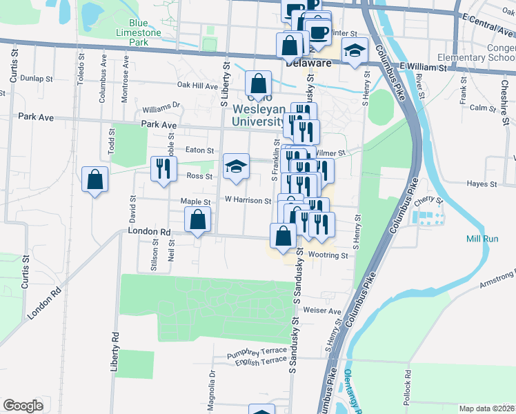 map of restaurants, bars, coffee shops, grocery stores, and more near 231 South Washington Street in Delaware