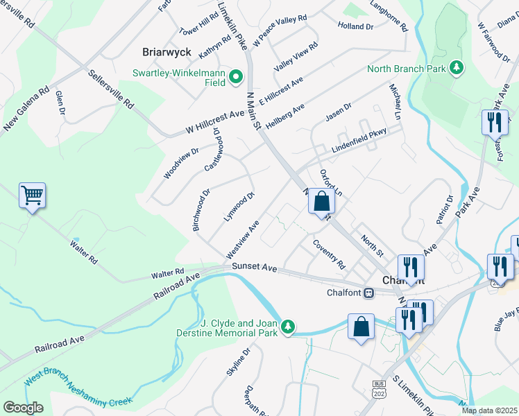map of restaurants, bars, coffee shops, grocery stores, and more near 45 Westview Avenue in Chalfont