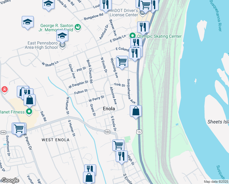 map of restaurants, bars, coffee shops, grocery stores, and more near 102 Altoona Avenue in Enola