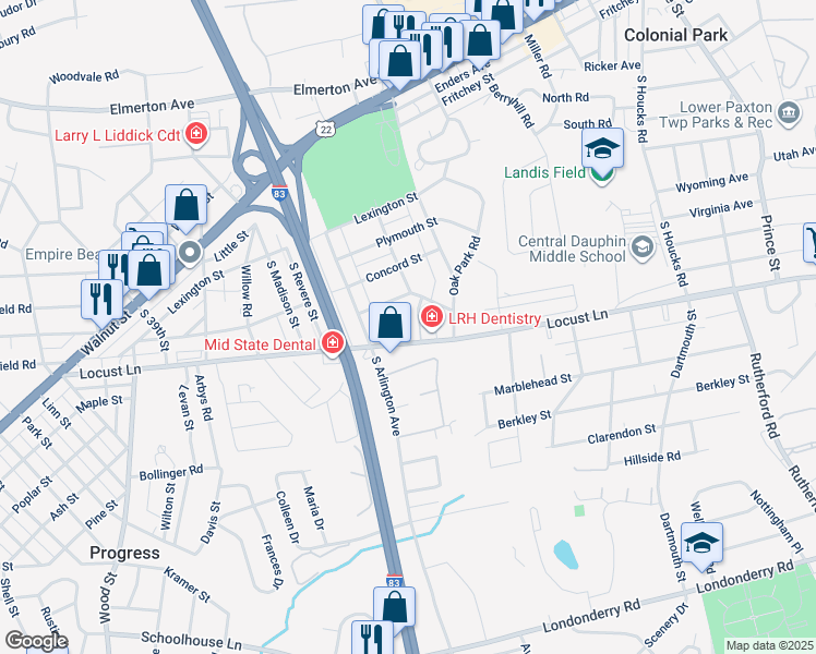 map of restaurants, bars, coffee shops, grocery stores, and more near 4220 Locust Ln in Harrisburg