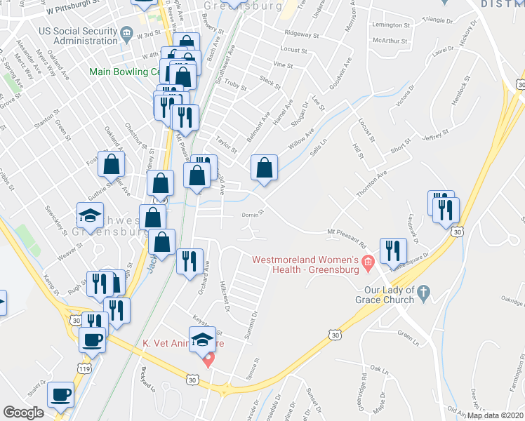map of restaurants, bars, coffee shops, grocery stores, and more near 503 Dornin Street in Greensburg