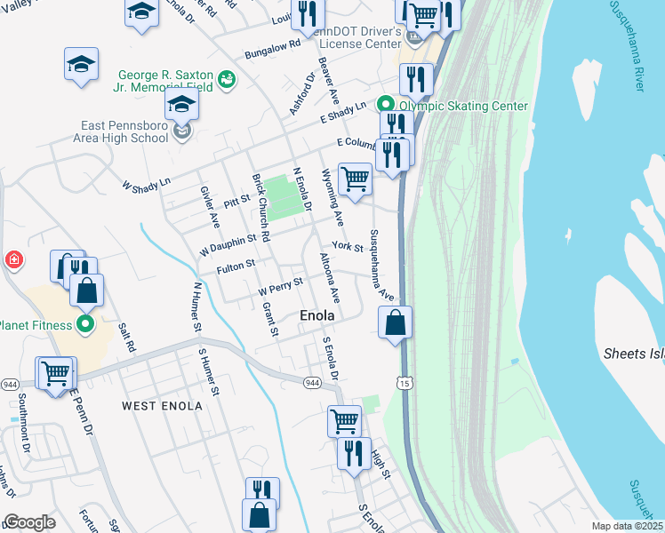 map of restaurants, bars, coffee shops, grocery stores, and more near 102 Altoona Avenue in Enola