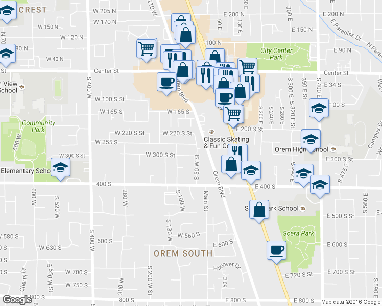 map of restaurants, bars, coffee shops, grocery stores, and more near 305 South 50 West Street in Orem