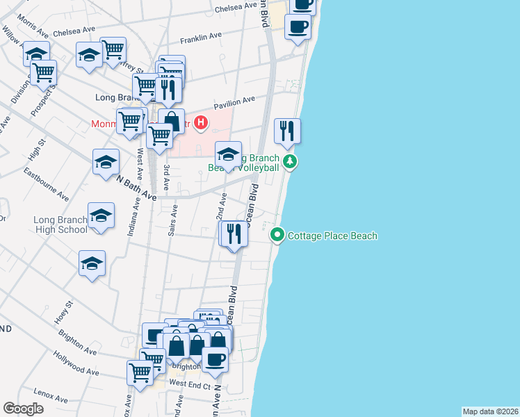 map of restaurants, bars, coffee shops, grocery stores, and more near 385 Ocean Boulevard in Long Branch