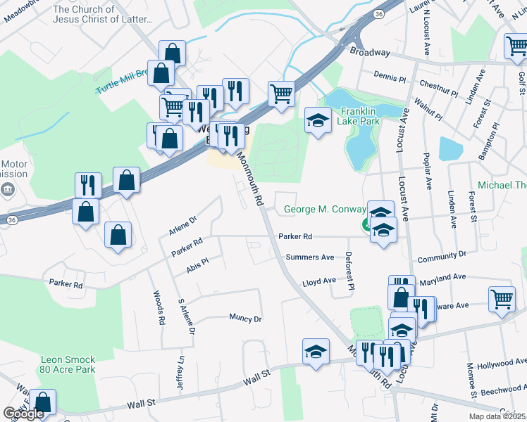 map of restaurants, bars, coffee shops, grocery stores, and more near 210 Monmouth Road in West Long Branch