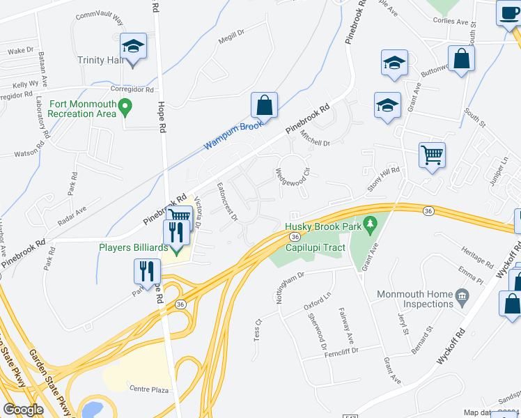 map of restaurants, bars, coffee shops, grocery stores, and more near 198a Eatoncrest Drive in Eatontown