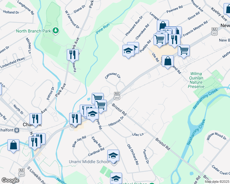 map of restaurants, bars, coffee shops, grocery stores, and more near 103 Ferris Lane in Doylestown