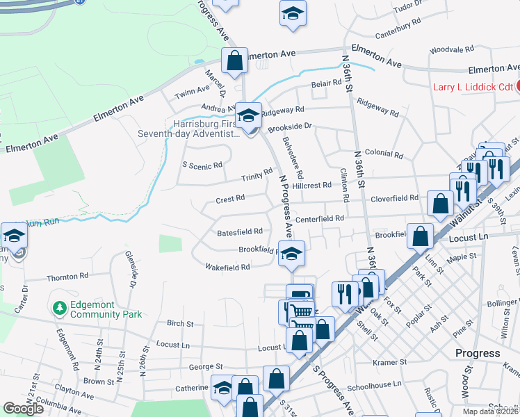 map of restaurants, bars, coffee shops, grocery stores, and more near 3219 Cloverfield Road in Harrisburg