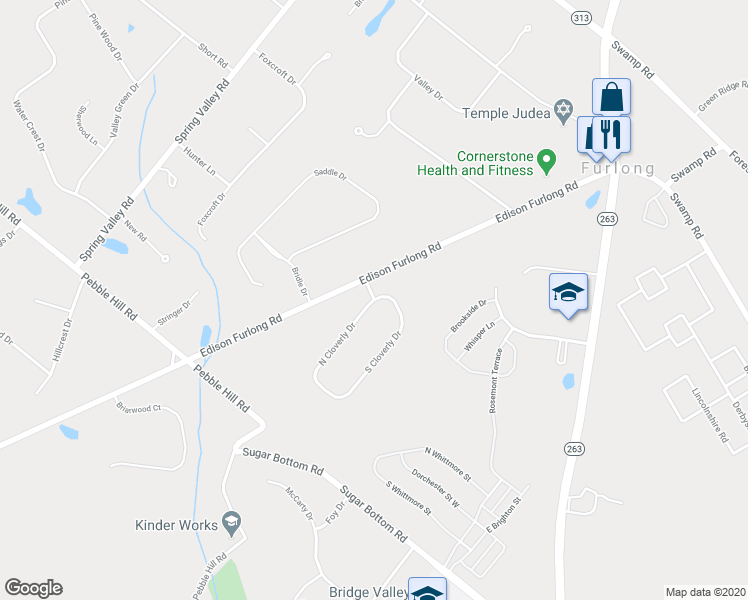 map of restaurants, bars, coffee shops, grocery stores, and more near 3064 Cloverly Drive in Furlong