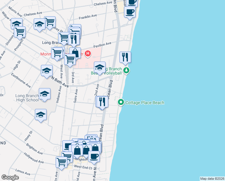 map of restaurants, bars, coffee shops, grocery stores, and more near 385 Ocean Boulevard in Long Branch