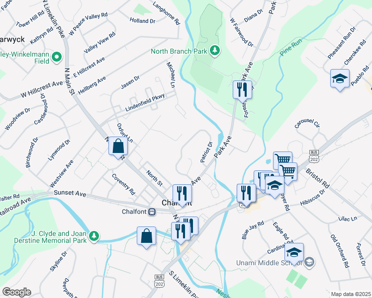 map of restaurants, bars, coffee shops, grocery stores, and more near 37 Patriot Drive in Chalfont