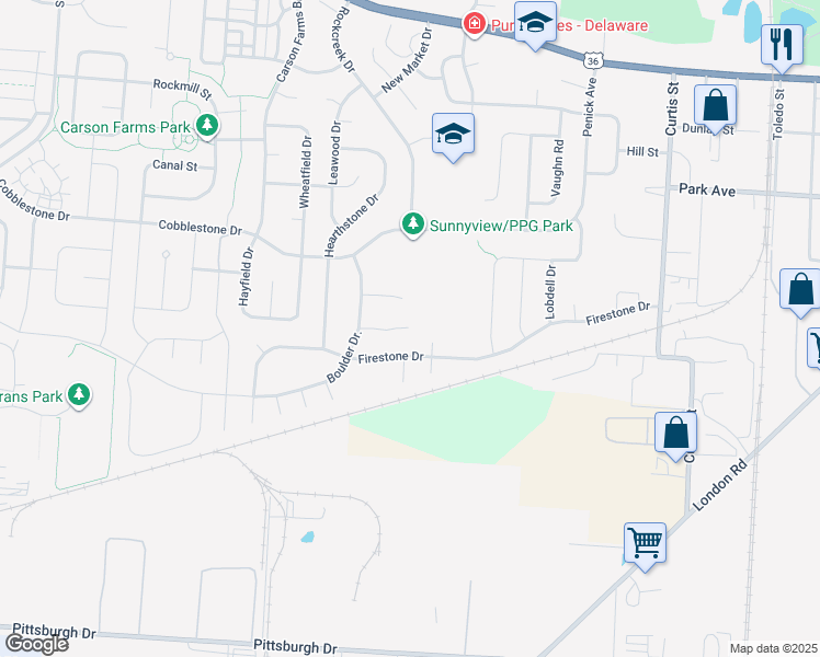 map of restaurants, bars, coffee shops, grocery stores, and more near 254 Firestone Drive in Delaware