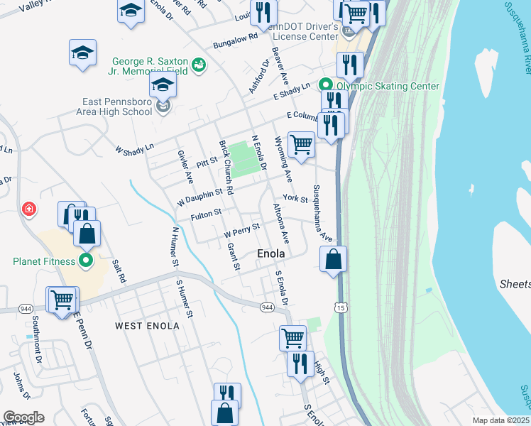 map of restaurants, bars, coffee shops, grocery stores, and more near 110 North Enola Drive in Enola