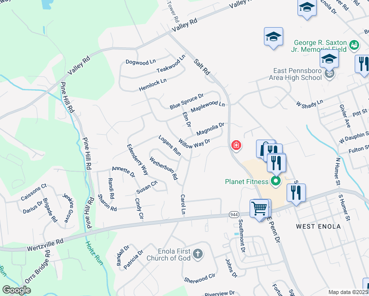 map of restaurants, bars, coffee shops, grocery stores, and more near 28 Willow Way Drive in Enola