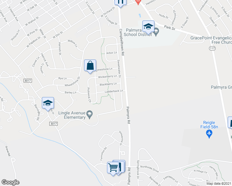 map of restaurants, bars, coffee shops, grocery stores, and more near 502 Hedge Row Lane in Palmyra