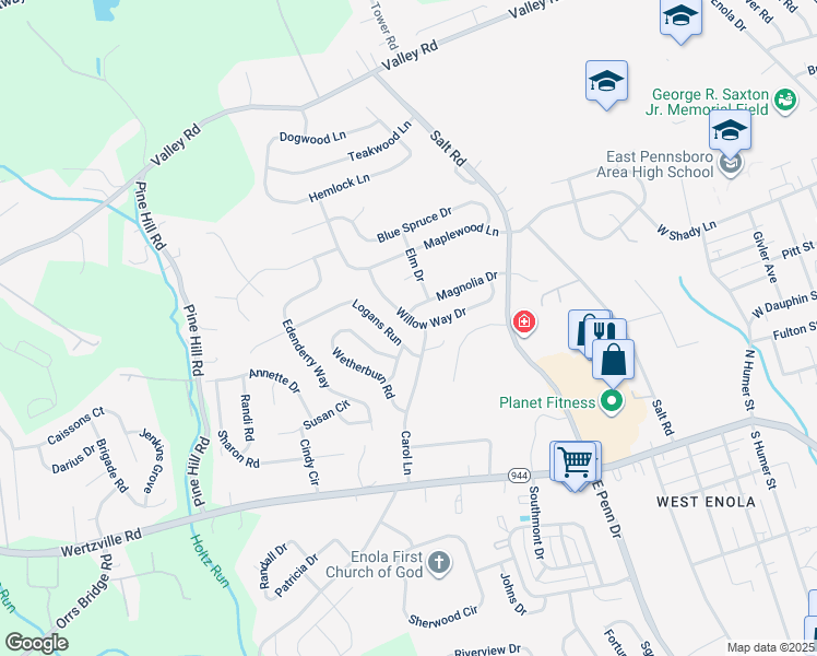 map of restaurants, bars, coffee shops, grocery stores, and more near 28 Willow Way Drive in Enola