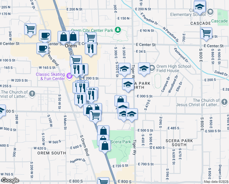 map of restaurants, bars, coffee shops, grocery stores, and more near 299 East 260 South in Orem