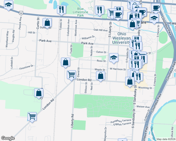 map of restaurants, bars, coffee shops, grocery stores, and more near 74 Noble Street in Delaware