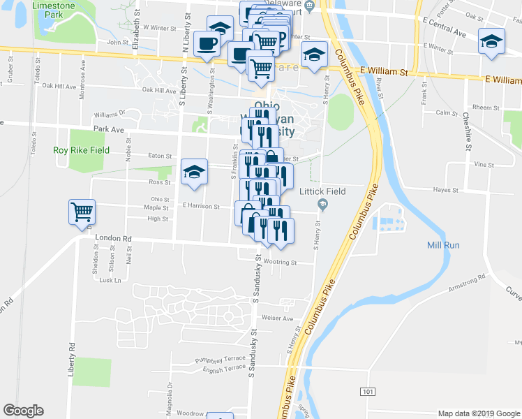 map of restaurants, bars, coffee shops, grocery stores, and more near 222 South Sandusky Street in Delaware