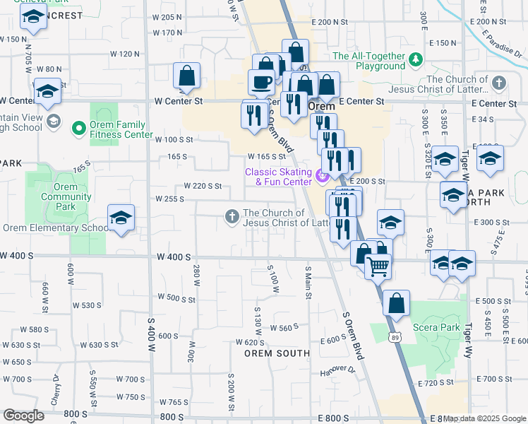 map of restaurants, bars, coffee shops, grocery stores, and more near 114 West 300 South in Orem