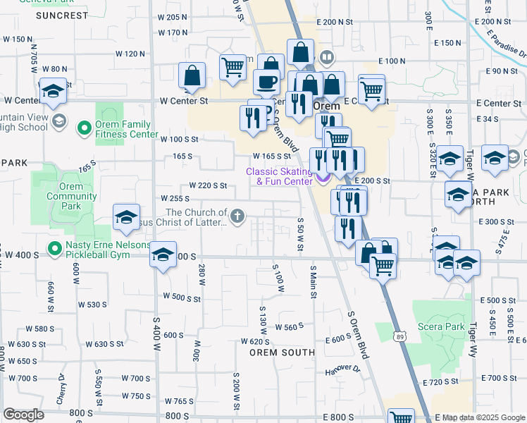 map of restaurants, bars, coffee shops, grocery stores, and more near 128 West 300 South Street in Orem
