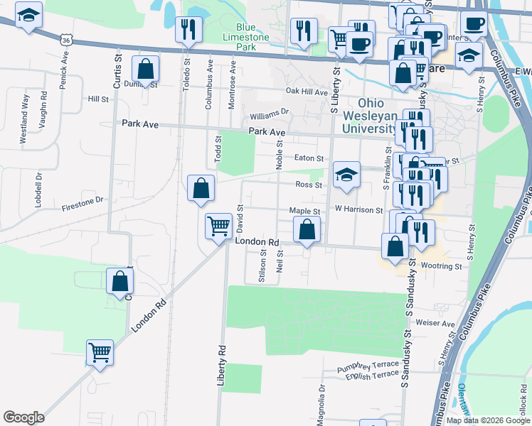 map of restaurants, bars, coffee shops, grocery stores, and more near 74 Noble Street in Delaware