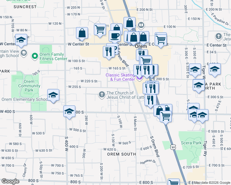 map of restaurants, bars, coffee shops, grocery stores, and more near 114 West 300 South in Orem