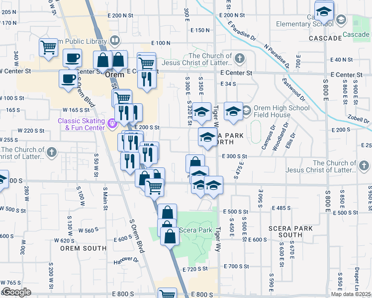 map of restaurants, bars, coffee shops, grocery stores, and more near 268 South 300 East in Orem