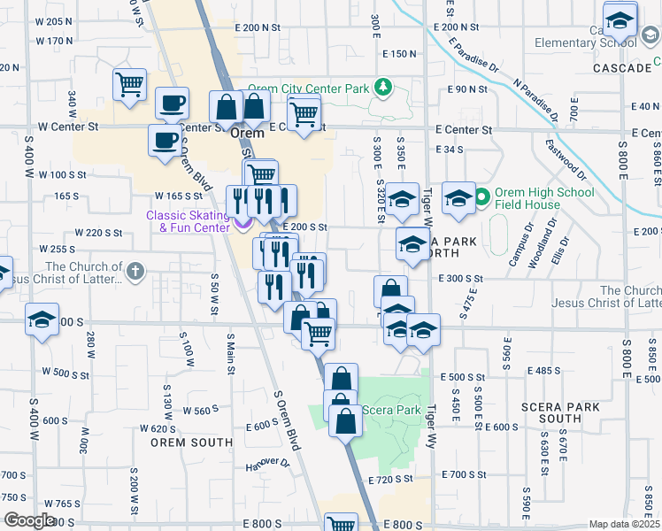 map of restaurants, bars, coffee shops, grocery stores, and more near 266 East 260 South in Orem