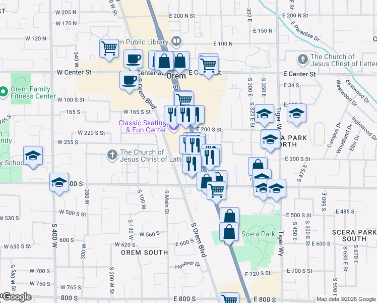 map of restaurants, bars, coffee shops, grocery stores, and more near 320 State Street in Orem