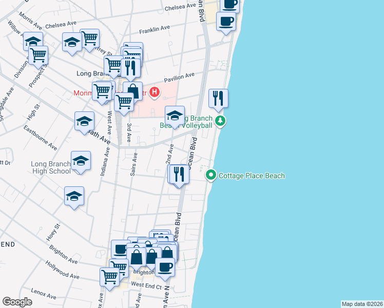 map of restaurants, bars, coffee shops, grocery stores, and more near 10 Tower Road in Long Branch