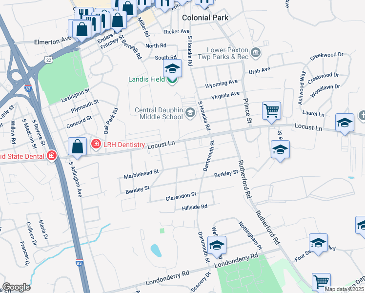 map of restaurants, bars, coffee shops, grocery stores, and more near 5 Hereford Street in Harrisburg