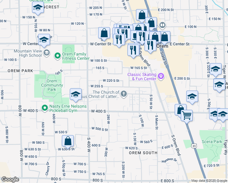 map of restaurants, bars, coffee shops, grocery stores, and more near 250 West 300 South Street in Orem