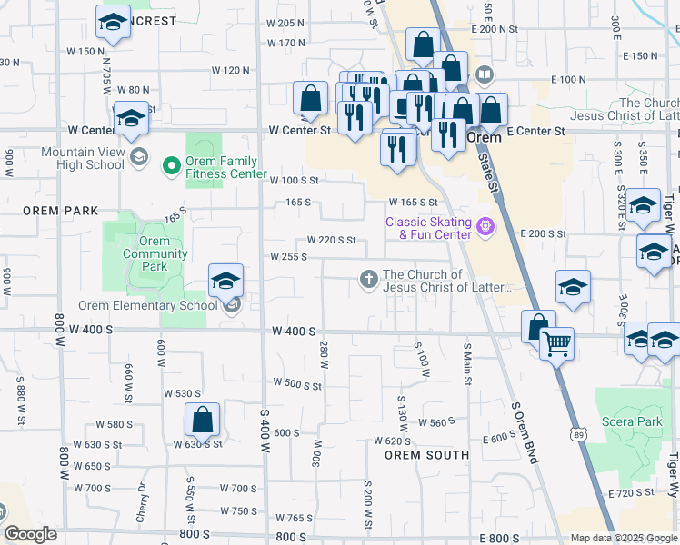 map of restaurants, bars, coffee shops, grocery stores, and more near 250 West 300 South Street in Orem