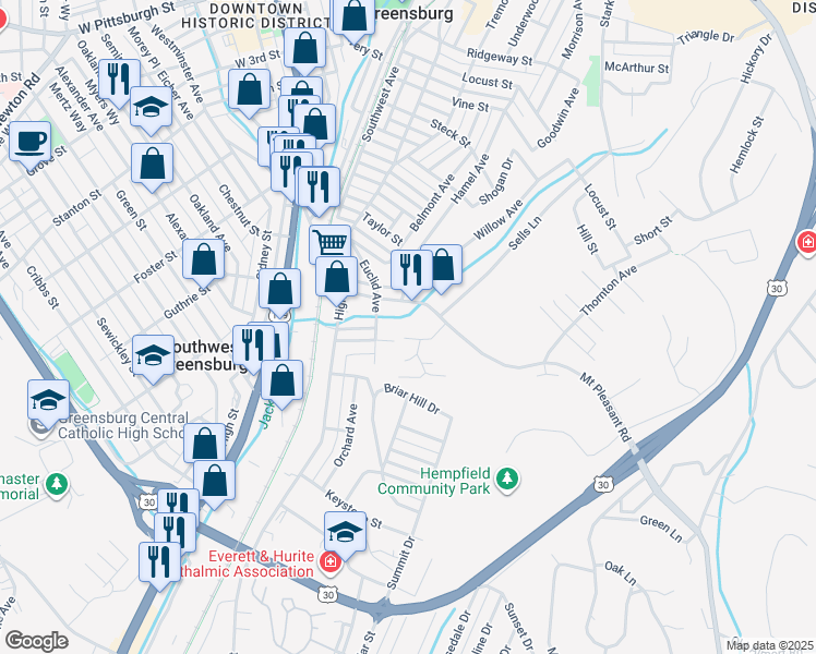 map of restaurants, bars, coffee shops, grocery stores, and more near 826 Dornin Street in Greensburg