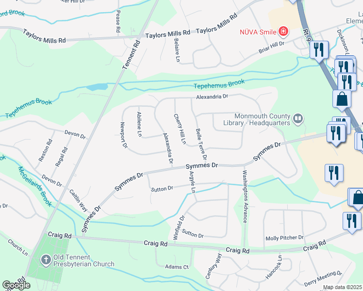 map of restaurants, bars, coffee shops, grocery stores, and more near 85 Alexandria Drive in Manalapan Township