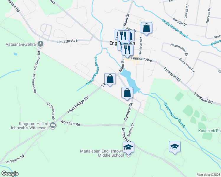 map of restaurants, bars, coffee shops, grocery stores, and more near 5 South Main Street in Englishtown