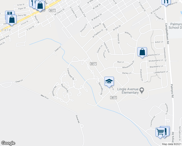 map of restaurants, bars, coffee shops, grocery stores, and more near 305 Cambridge Court in Palmyra