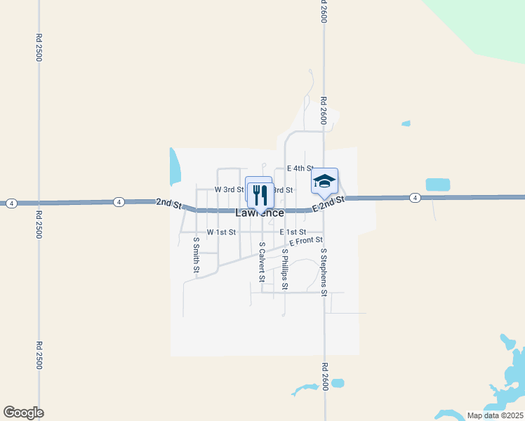 map of restaurants, bars, coffee shops, grocery stores, and more near North Calvert Street in Lawrence