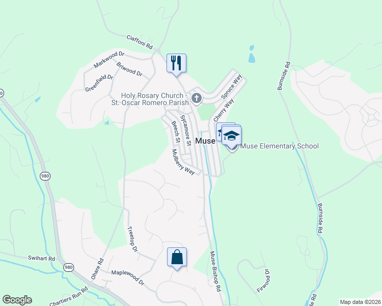 map of restaurants, bars, coffee shops, grocery stores, and more near 16 Sycamore Street in Canonsburg