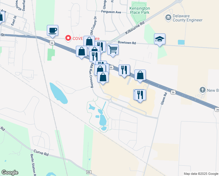 map of restaurants, bars, coffee shops, grocery stores, and more near 980 Sunbury Road in Delaware