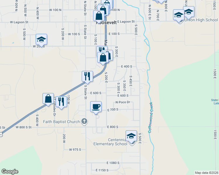 map of restaurants, bars, coffee shops, grocery stores, and more near 225 East 550 South in Roosevelt