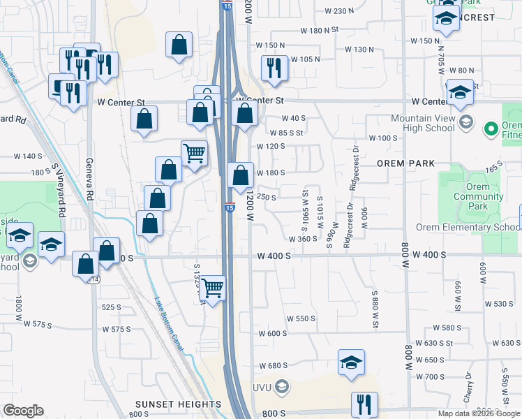map of restaurants, bars, coffee shops, grocery stores, and more near 278 South 1160 West Street in Orem