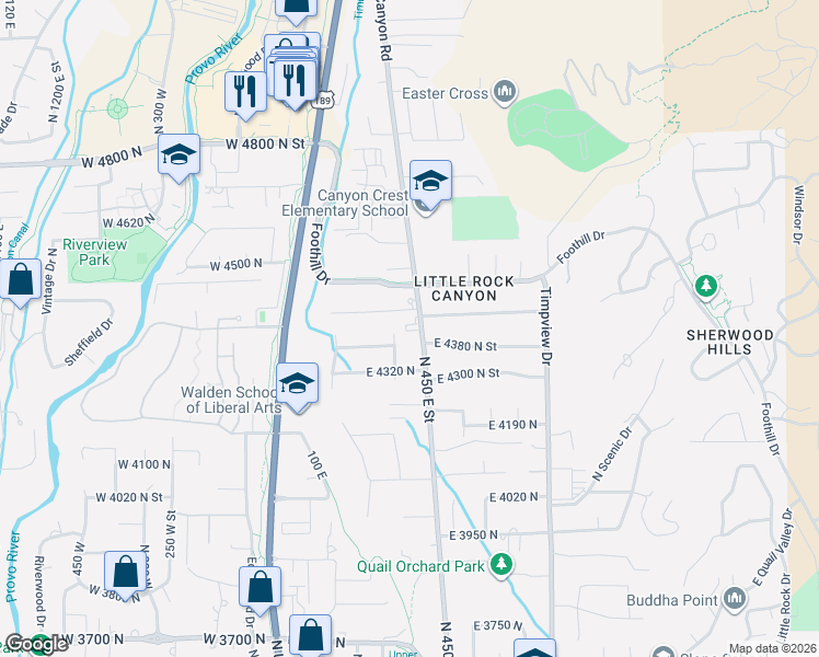 map of restaurants, bars, coffee shops, grocery stores, and more near 4379 North 250 East Street in Provo