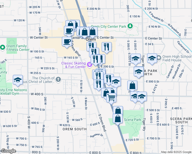 map of restaurants, bars, coffee shops, grocery stores, and more near 360 South State Street in Orem