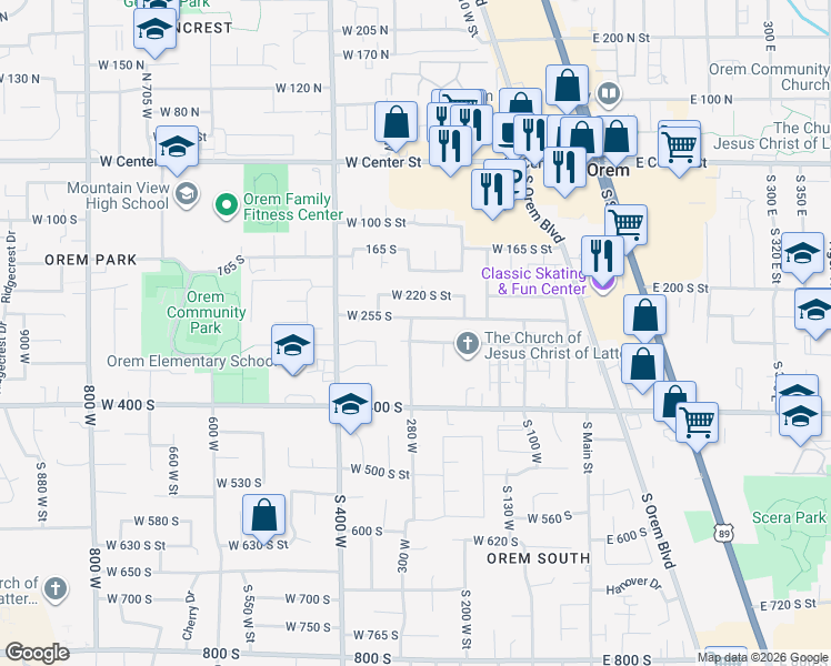 map of restaurants, bars, coffee shops, grocery stores, and more near 319 280 West in Orem